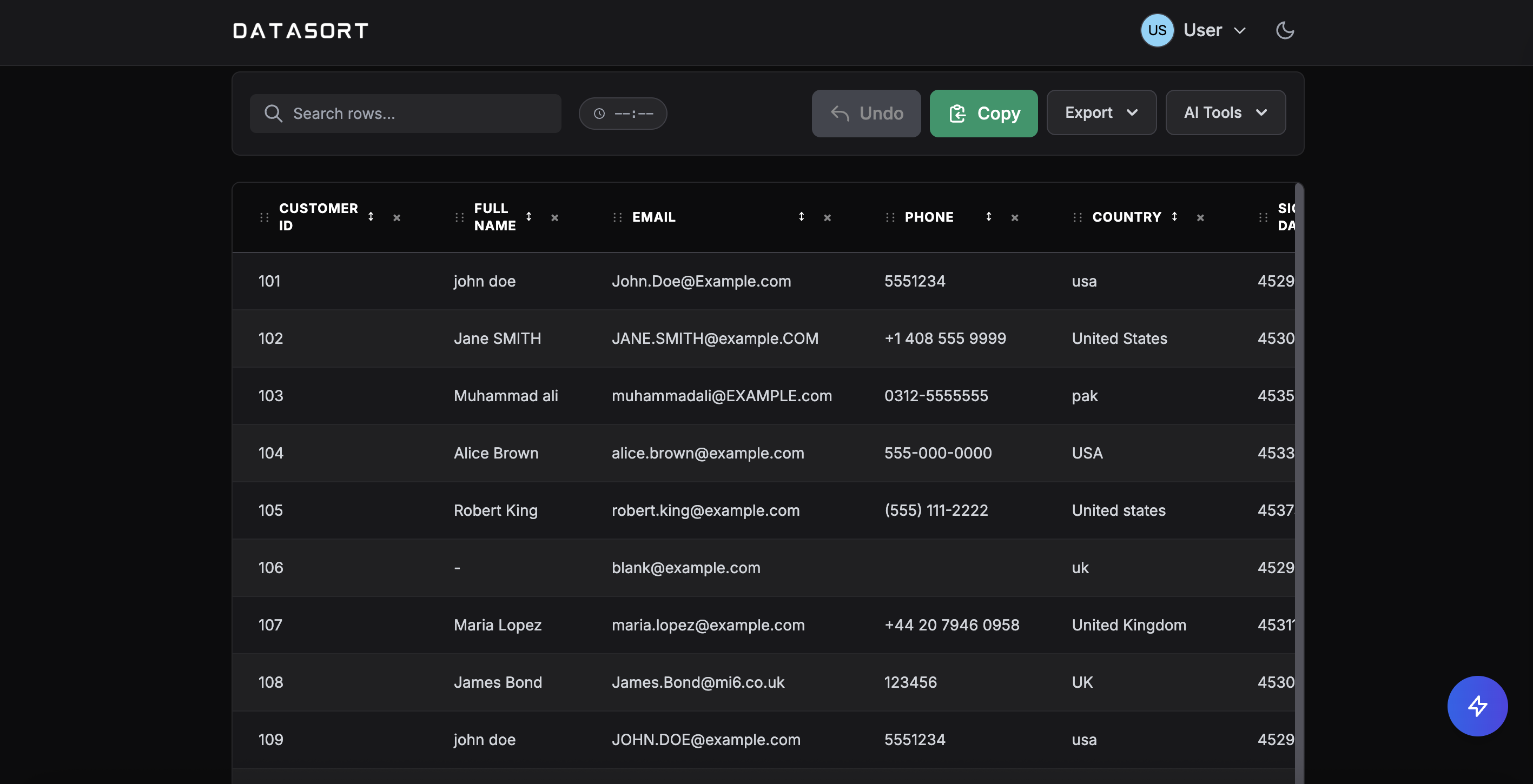 DataSort Interface Dark Mode